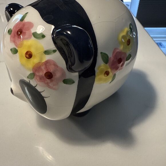 Adorable PANDA BEAR Ceramic PIGGY-BANK With Pink And Yellow Flower White/Black - Picture 6 of 8